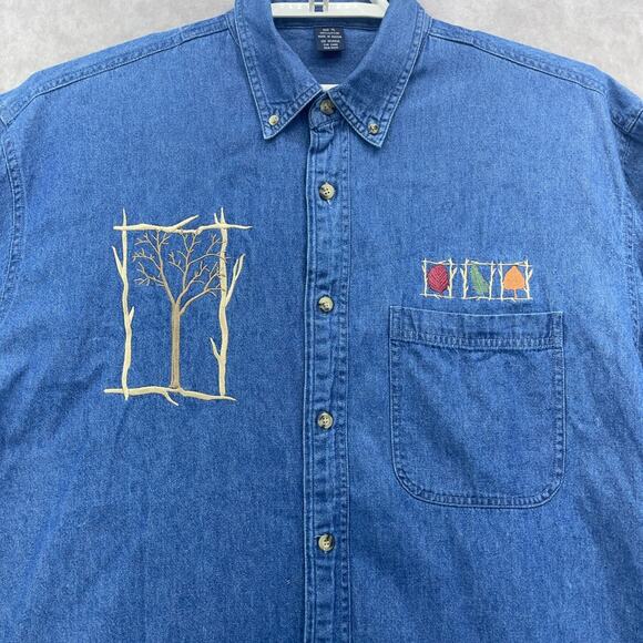 Vtg 90's Sz XL Artsy Classic Denim Chambray Embroidered Country Fall Leaves Tree - Picture 2 of 7